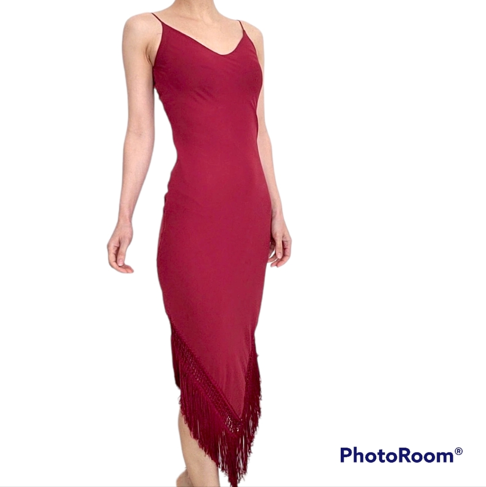 Burgundy MNG Night midi bodycon chiffon fringed fully lined slip dress XS
